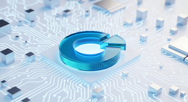 Futuristic glowing blue circular element on a white circuit board with microchips technology microchip circular computer hardware innovation connection abstract electronic semiconductor