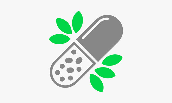 Minimalist vector icon of a medical pill capsule with green leaves, representing natural health supplements and herbal medicine.