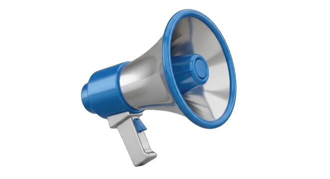 Blue and silver megaphone on black background, isolated on, white cutout png, transparent white festive, celebration event festival, carnival template poster, banner download 2026, 2027 2028