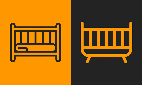 Set of two simple line art icons of a baby crib or cot, featuring a clean and modern design for nursery and parenting themes.