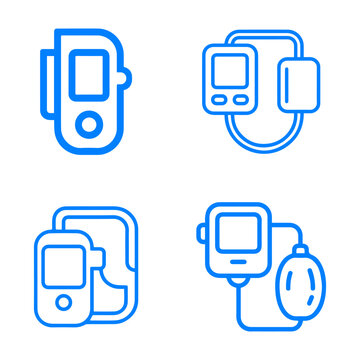 Set of four blue line icons representing digital blood pressure monitors and health tracking devices for medical monitoring.