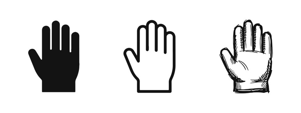 Human Hand Palm Icon Set with Five Fingers Open in Solid Outline and Sketch Styles