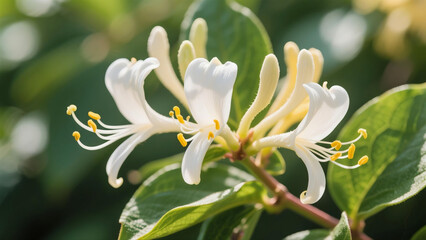 Fototapeta premium A cluster of white honeysuckle flowers, with stamens dotted with yellow, in a natural environment, photographed with a close-up shot. The background features clear green leaves, and soft sunlight illu