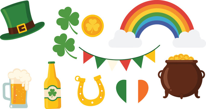 St Patrick&rsquo;s Day symbols set with shamrocks, rainbow, leprechaun hat and pot of gold, festive Irish holiday vector collection for celebration designs, decorations, and themed graphics