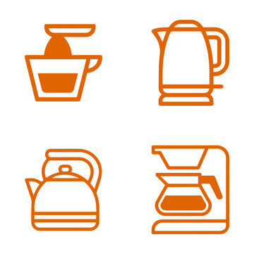 Set of four orange line art icons depicting various kitchen appliances including kettles, coffee makers, and juice extractors.