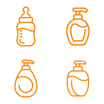 Set of four orange line art icons showing a baby bottle and various liquid soap dispensers for hygiene and infant care needs.
