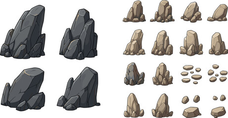 Cartoon rock and stone collection with dark and beige cliffs, small pebbles and terrain elements vector game asset set © MdMostafijur