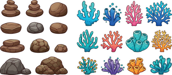 Cartoon rock formations and colorful coral reef collection isolated on white background underwater marine nature vector illustration set © MdMostafijur