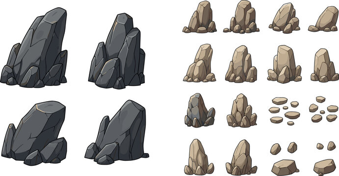 Cartoon rock and stone collection with dark and beige cliffs, small pebbles and terrain elements vector game asset set