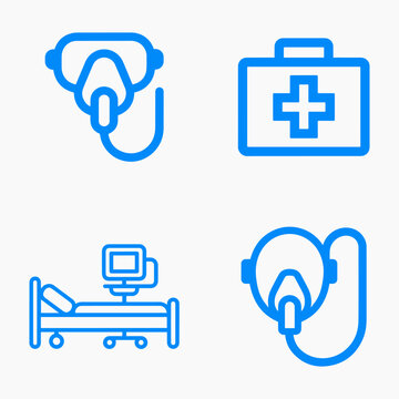 Medical equipment icon set featuring oxygen masks, first aid kit, and hospital bed with monitor for healthcare and clinic design.