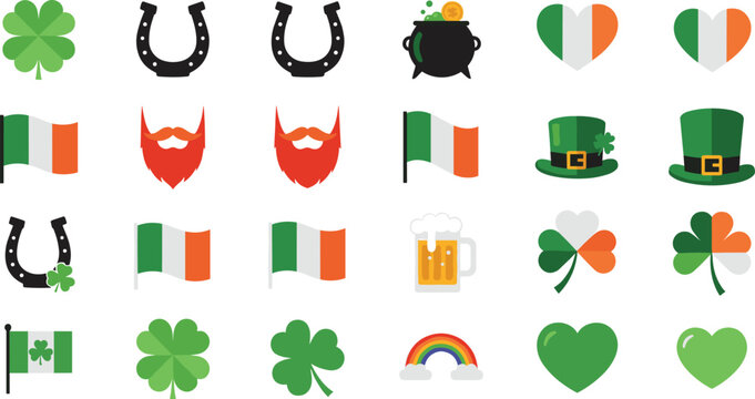 St Patrick&rsquo;s Day icon set with shamrocks, leprechaun hats, Irish flags and lucky symbols, colorful vector collection for holiday designs, festive graphics, and celebration themes