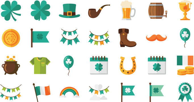 St Patrick&rsquo;s Day festive icon collection with shamrocks, beer, flags and lucky symbols, colorful vector set for Irish holiday designs, celebration graphics, and themed decorations