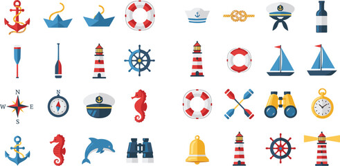 Nautical maritime icon set with anchors, ships, lighthouses and navigation elements, colorful vector collection for sea travel themes, marine design, and coastal illustrations © Galib