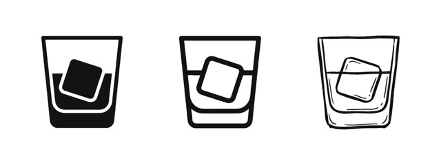 Fototapeta na wymiar Whiskey Glass with Ice Cube Icon Set in Solid Outline and Hand Drawn Sketch Styles