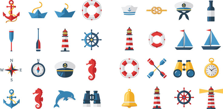 Nautical maritime icon set with anchors, ships, lighthouses and navigation elements, colorful vector collection for sea travel themes, marine design, and coastal illustrations