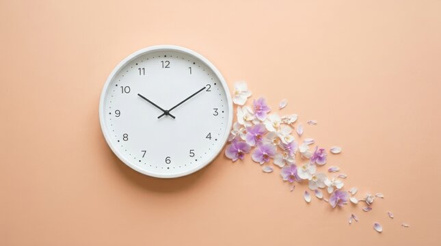 Modern Wall Clock with Decorative Flowers on Pastel Background