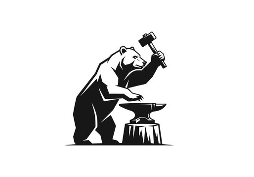 Bear blacksmith mascot holding hammer at anvil on white background