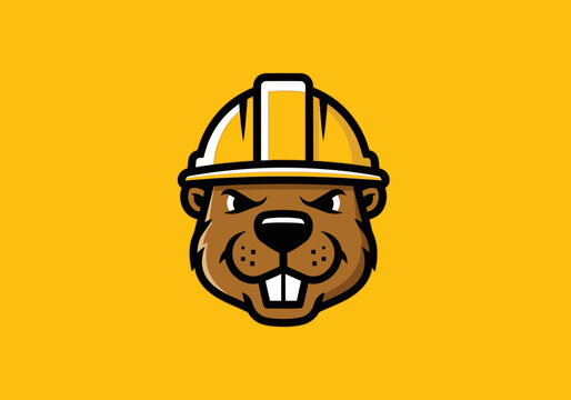 Beaver mascot wearing yellow hard hat construction logo