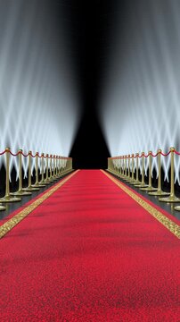 Red Carpet with Gold Stanchions and Moving Spotlights - 3d 4k vertical animation (2160 x 3840px)