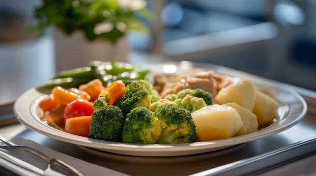 Hospital cafeteria tray showing limp vegetables, pale protein, colorless broth beside a patient ID bracelet on formica table, harsh overhead lighting, perfect for hospital food quality, patient