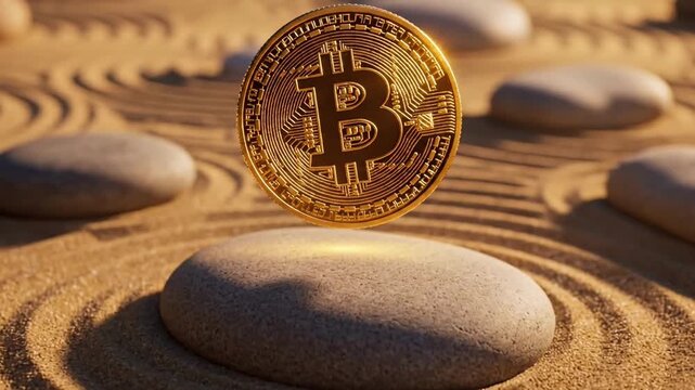 Golden Bitcoin on Zen garden stones with sand patterns