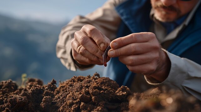 Close up hands of soil microbiome specialist carefully extracting earthworm from soil core sample at early morning mist, magnifying loupe in other hand, biodiversity implied in rich dark earth,