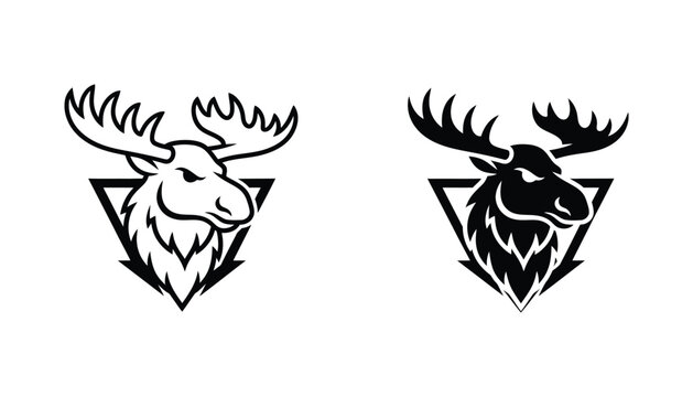Aggressive moose head mascot logo inside a triangle frame in silhouette and line art styles for sports branding and outdoor apparel