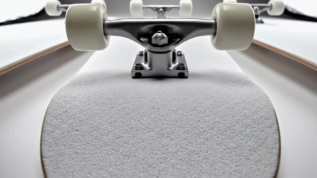 Five pristine white skateboards are neatly arranged in a studio setting, showcasing their minimalist design against a seamless white backdrop.