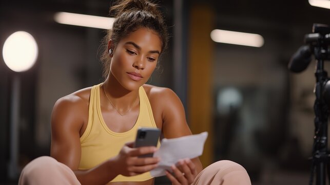 Fitness creator sitting on gym floor between takes, makeup half-done, script notes on phone screen, microphone boom visible at frame edge, real exhaustion behind curated image, perfect for fitness