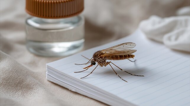 Symbolic still life of mosquito gene drive research field station essentials on sterile white background, insect aspirator, containment vial, field notebook, and nitrile gloves arranged in clean