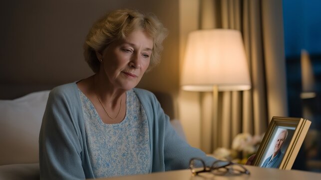 Retired woman placing framed photo of deceased husband on bedside table, soft lamp glow, reading glasses folded beside it, solitary moment of tender remembrance, June evening light fading at