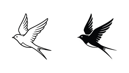 Obraz premium Minimalist flying swallow bird silhouette vector icon set featuring solid black and outline versions for elegant nature design graphics and professional branding elements isolated on white background