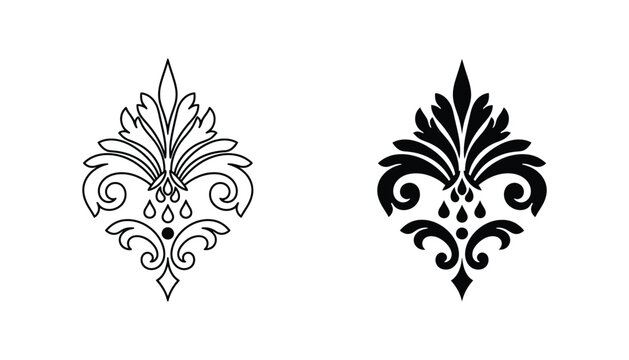 Ornate damask floral medallion vector graphic with elegant scrollwork in outline and solid black styles