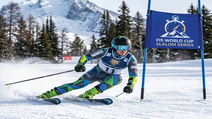 FIS Alpine World Cup: Professional Slalom Skier Racing on Mountain Slope © Munnaf