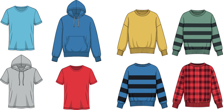 Casual clothing set with hoodies sweaters striped pullovers and t shirts isolated on white background modern fashion vector illustration