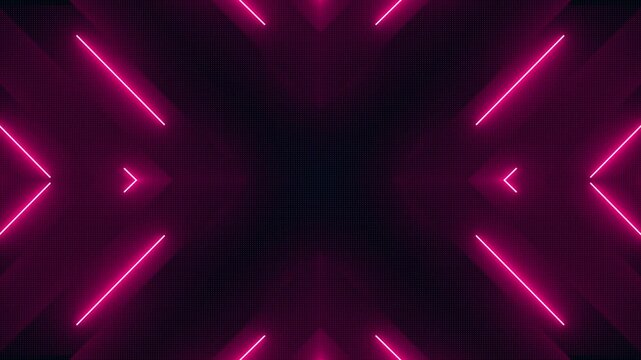 Futuristic motion background with a repeating pattern of glowing pink neon light beams on a dark dotted textured background. Suitable for gaming and technology projects. Full HD and looping animation.