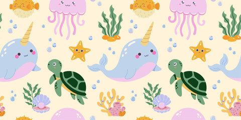 Seamless pattern with narwhal turtle jellyfish and sea creatures on light background © Tetianka