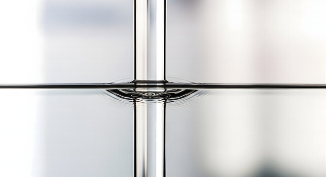 Precise high-key abstract macro of vertical water stream intersecting with horizontal surface with ripples