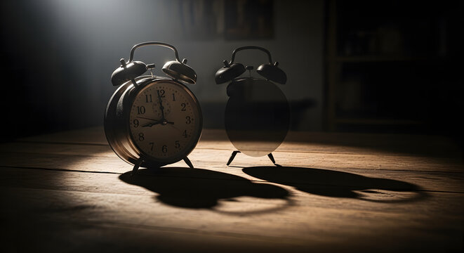 Double alarm clocks with contrasting twin shadows representing time dilation and future vs. past