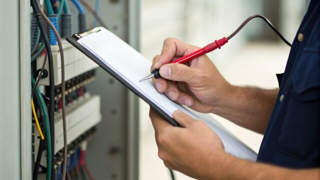 Technician inspecting and taking notes on an electrical panel with multicolored wiring, using a red testing probe and clipboard for documentation.