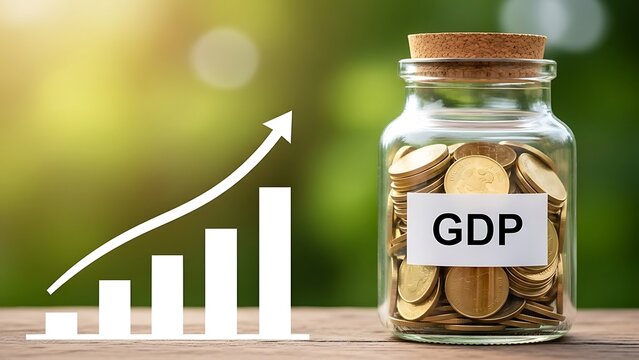 Gdp growth concept with coins in a jar and increasing graph