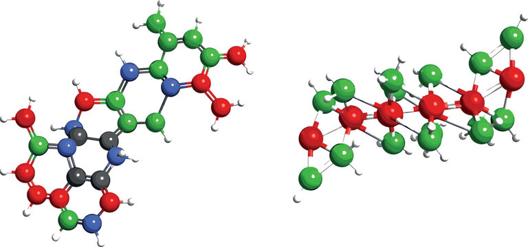 Detailed organic molecule structures with atoms and bonds, complex biochemical compounds and polymer chains 3D vector illustration set