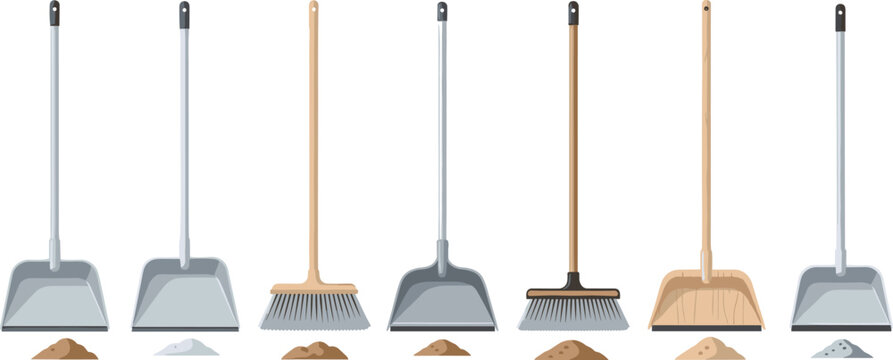 Cleaning Tools Set Featuring Shovels, Brooms, and Dust Pans for Household, Gardening, and Domestic Cleaning Vector Graphics