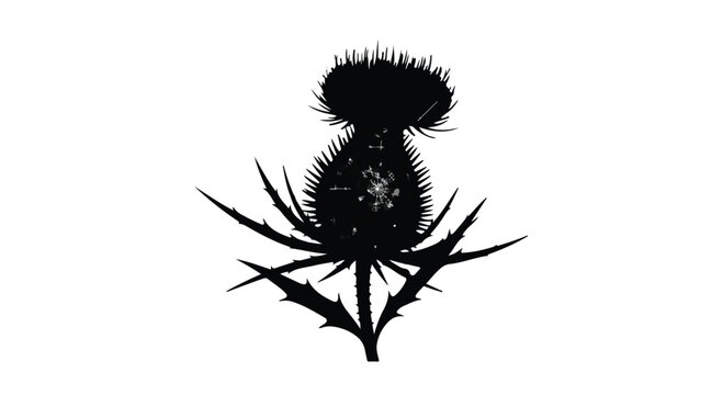 Thistle flower silhouette displays sharp thorns and detailed petals on white space.