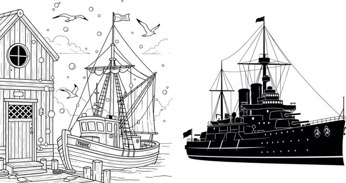 Fishing boat and battleship vector illustration set with harbor scene, nautical vessels, marine transport icons, and detailed black and white line art