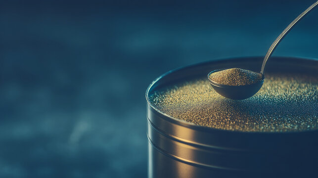 Spoonful of golden seeds or grains being scooped from a large metal container with container