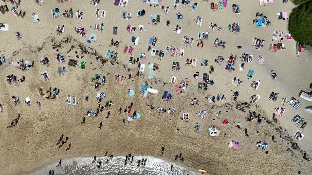Drone top down footage of beach swimmers enjoying clear turquoise water on a sunny summer day.