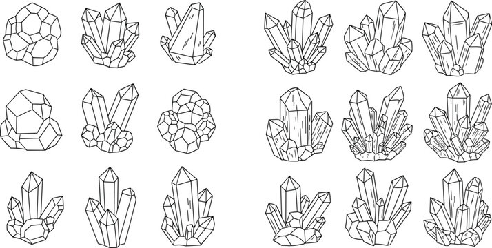 Hand drawn crystal clusters and faceted gemstones collection with various quartz formations, mineral shapes outline vector illustration set
