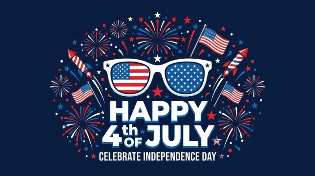 Happy 4th of July Independence Day Poster with Fireworks and American Sunglasses