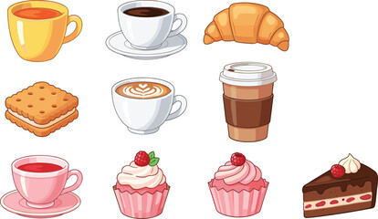 Obraz premium Delicious Breakfast Set with Coffee Cups, Croissants, Cupcakes, and Cake Slices for Bakery, Cafe, and Dessert Graphics